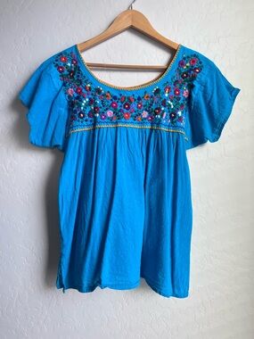 Stunning Oaxacan-Style Embroidered Blouse - Turquoise - M/L